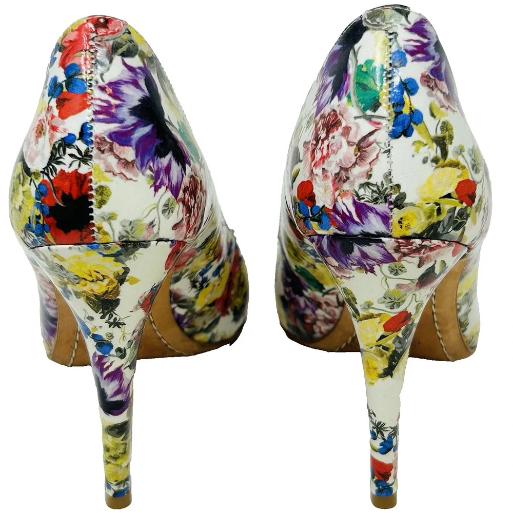 Alice + Olivia Floral Pumps‎ Patent Leather Pointy Toe Stiletto Heels 38.5